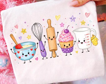 Cute Baking Crew PNG, Kawaii Baking Tools Sublimation Design, Mixing Bowl Whisk Cupcake PNG, Baker Gift Sublimation File
