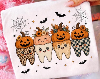 Cute Halloween Teeth PNG, Kawaii Pumpkin Tooth Sublimation Design, Trendy Leopard Plaid Shirt, Digital Download