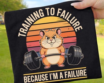 Trainen tot falen omdat ik een mislukkeling ben (PNG), grappig ontwerp van een gymbuidelrat, zelfspotvolle workout-meme, sublimatie download