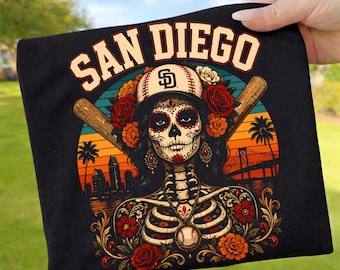 San Diego Sugar Skull Flower Baseball PNG: Dia De Los Muertos Baseball Shirt, Floral Skull San Diego PNG, Baseball Fan (Digital Download)