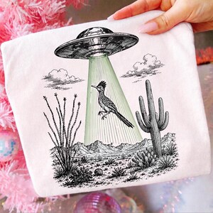 UFO Roadrunner Abduction PNG, Desert Cactus Alien Vintage Sublimation Design, Southwest Sci-Fi Shirt Digital Download File