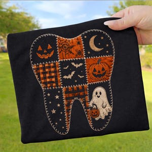 Halloween Tooth Patchwork PNG, Dental Office Spooky Design, Pumpkin Ghost Bat Quilt Pattern, Dentist Hygienist Shirt Sublimation
