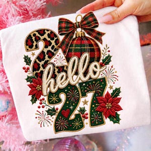 Hello 2027 PNG, Christmas Embroidered Patch Plaid Leopard Sublimation Design, Poinsettia New Year, Digital Download PNG File
