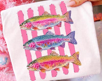 Colorful Rainbow Trout PNG, Feminine Fishing Shirt Design Digital Download, Stacked Trout Sublimation PNG, Lady Angler Gift, Fly Fishing
