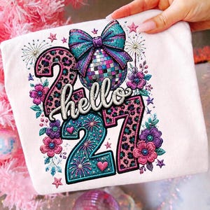 Hello 2027 PNG, Embroidered Patch Leopard Disco Ball New Year Sublimation Design, Digital Download PNG File