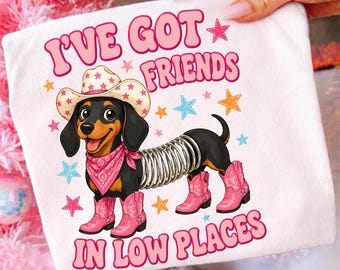 Ik heb vrienden op lage plekken PNG, retro cowgirl honden T-shirt ontwerp, countrymuziek sublimatie, roze westernlaarzen digitale download