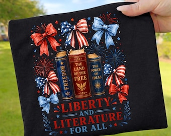 Patriotic Book Lover PNG, Liberty And Literature For All, 4th of July Librarian , Bookish Sublimation, Coquette Bow Patriotic Design PNG
