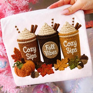 Cozy Sips Fall Vibes PNG, Crochet Style Coffee Cups Pumpkin Autumn Sublimation Design, Digital Download PNG File