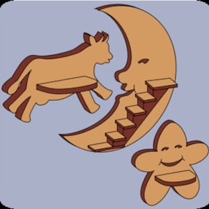 Peut inclure: Une découpe en bois d'une vache, d'une lune croissante avec des escaliers et d'une étoile. La vache et l'étoile ont des étagères. La lune a un visage.