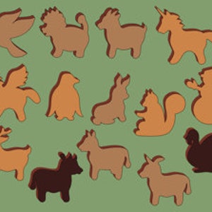 May include: A set of 15 cookie cutters in various animal shapes, including a bird, lion, goat, unicorn, pegasus, penguin, rabbit, squirrel, snowman, deer, donkey, and turkey. The cutters are made of brown and black metal.