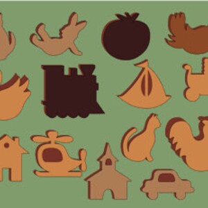 May include: A set of 16 wooden cutout shapes, including a house, a train, a swan, a rabbit, a helicopter, a church, a cat, a rooster, a car, a sailboat, a stroller, a tomato, a bird, and a swan. The shapes are painted in shades of brown and orange.