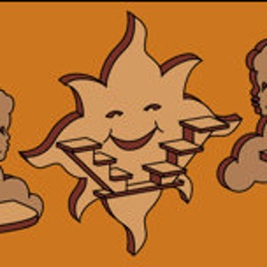 May include: Three wooden wall shelves shaped like clouds with a smiling sun in the center. The shelves are brown and the sun is yellow.