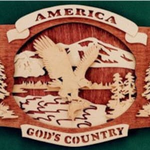 May include: A wooden wall hanging with a patriotic theme. It features a bald eagle in flight over a mountain range, a river, and pine trees. The words "America" and "God's Country" are inscribed on the plaque.