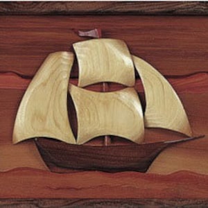 May include: A wooden wall art piece depicting a ship with sails, set against a wood-grain background. The ship is made of dark wood and the sails are light wood.