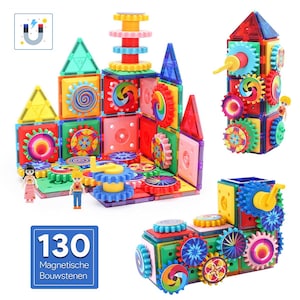 May include: A colorful magnetic building block set with gears, triangles, and squares. The set includes small figurines and the number 130 in a blue square. The blocks are in various colors, including red, blue, yellow, and green.