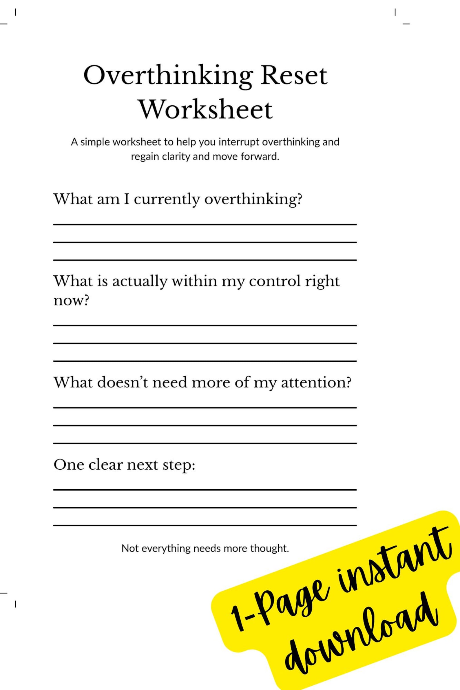 Over Thinking Worksheet.pdf Overthinking Reset Worksheet | Stop Overthinking | Mental Clarity ...