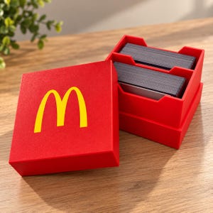 May include: A bright red square card storage box featuring a yellow McDonald's golden arches logo on the lid. The open base contains two separate compartments filled with stacks of rectangular playing cards with dark edges and white faces.