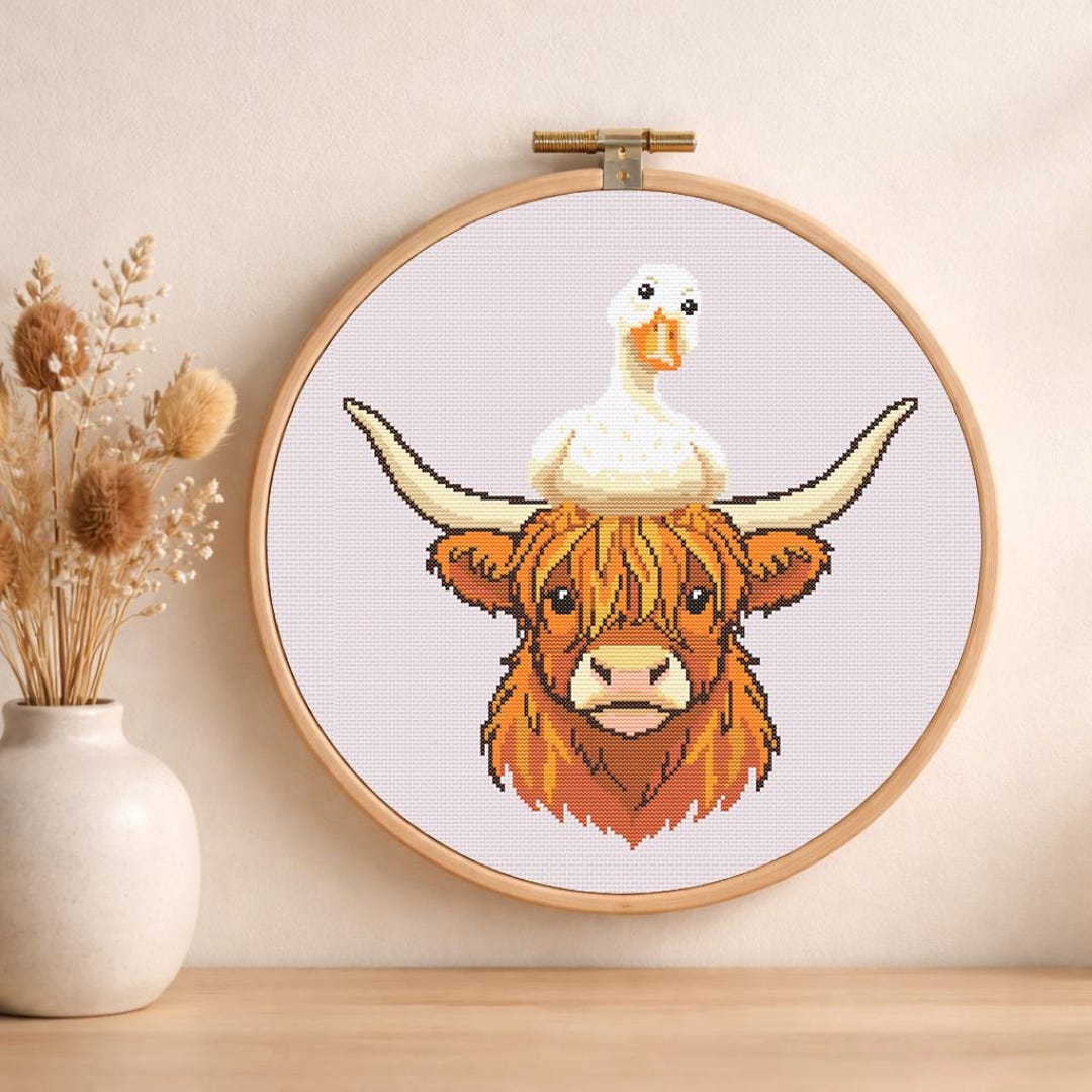 Funny Highland Cow and Goose Cross Stitch Pattern – Cute Farm Animal ...