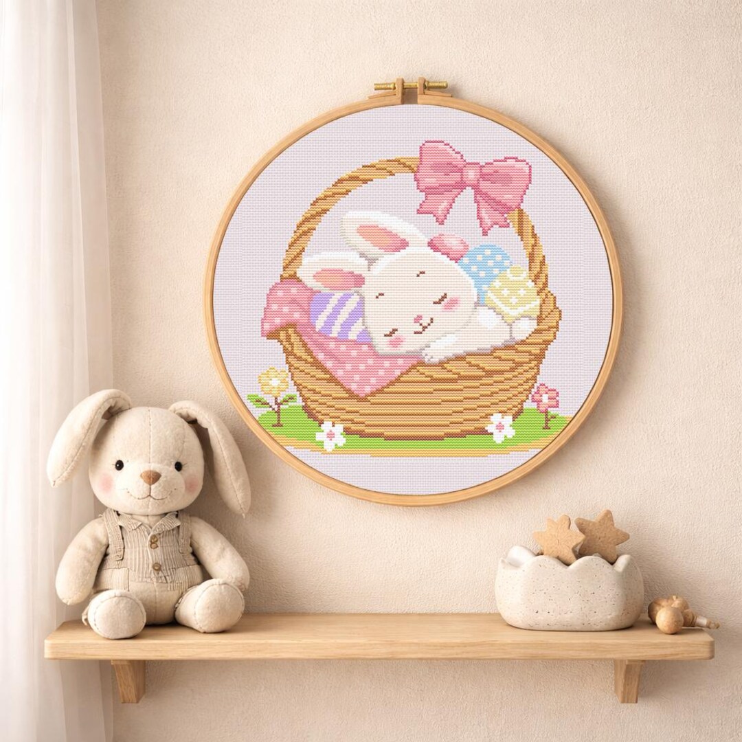 Sleepy Easter Bunny Cross Stitch Pattern PDF – Cute Bunny in Basket ...