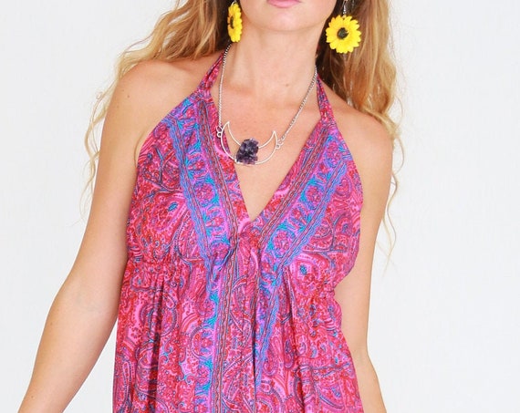 GODDESS DRESS - Backless dress - Vintage Style - Indian Silk Dress - Up cycle - Evening Dress - Halter neck - Boho Style - Pink Summer Dress
