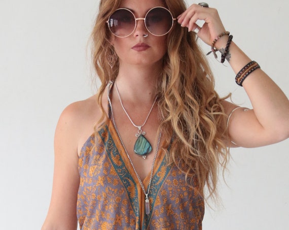 STUNNING SILK JUMPSUIT - Super soft - Harem - Handmade - Reworked Vintage Sari fabric - Festival - Bohemian Halter neck - Couture - Genie