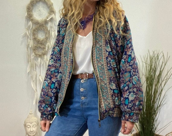 PAISLEY BOMBER JACKET - Thermal Fleece Coat - Indian Silk - Petite - Uk 8-12 - Recycled Slow Fashion - Unisex Vintage style jacket - Sale
