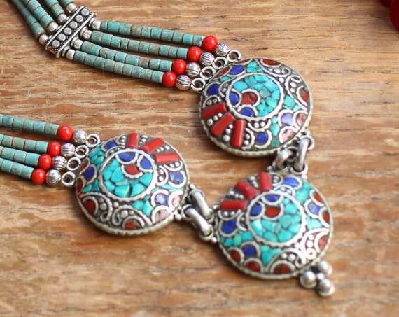 VINTAGE NEPALESE NECKLACE - Xl Choker - Coral - Turquoise - Nepali - Buddhist - Tibetan Jewellery - Semi Precious - Gift - Antique Style