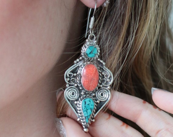 STATEMENT TIBETAN EARRINGS - Vintage - Handmade - Bespoke - Nepal - Mosaic - Gypsy - One of a Kind - Statement - Festival - Indian - Tibetan