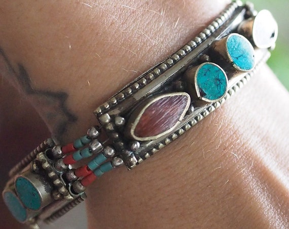 NEPALESE TURQUOISE BANGLE - Vintage Nepali Bracelet - Coral Statement cuff - Tribal Gypsy Jewellery - Antique Bracelet - Unique bespoke gift