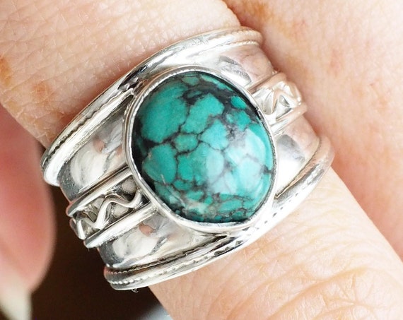 VINTAGE TURQUOISE RING - 925 Solid Sterling Silver - Adjustable ring - Navajo - Oxidised - Birthstone - Unisex - Gift - Crystal - Gemstone