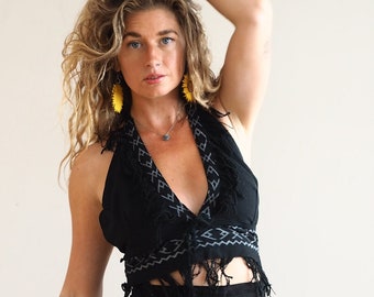 JUNGLE TASSLE TOP - Cotton - Block print - Fringe Halter neck - Backless Bikini Top - Yoga Ceremony - Eco slow fashion - Hippie - Crop top