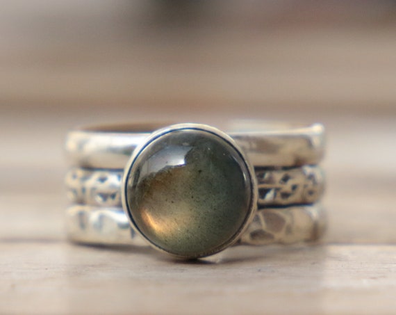 ADJUSTABLE 3 BAND RING - Labradorite - Sterling Silver - Healing Crystal - Statement - Limited Edition - Glitter - Gemstone - Chakra - Gift