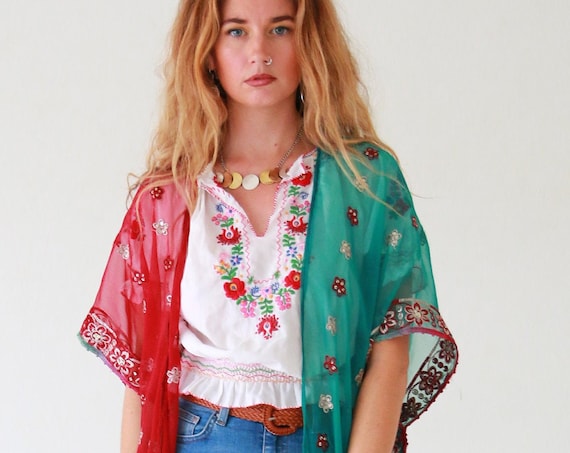 BOHEMIAN 2 TONE KIMONO - One of a kind Silk Kaftan - Batwing Jacket - Beach - Summer Cover up - Vintage Sari - Up cycle - India Festival