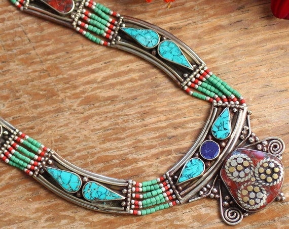VINTAGE NEPALI NECKLACE - Statement Necklace - Coral - Turquoise - Nepalese - Buddhist - Tibetan Jewellery- Semi Precious - Gift - Bespoke