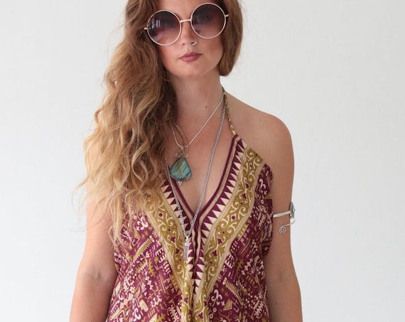 PURPLE TRIBAL JUMPSUIT - Backless Summer dress - All in one - Handmade Playsuit - Vintage Sari fabric - Harem Halter neck Dress - Reworked