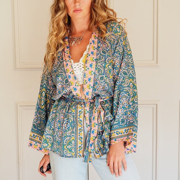 DISTY PRINT CROP - Bohemian Silk Crop Kimono - Lightweight Jacket - Summer Kaftan - Vintage Boho Top - Dressing Gown - House coat - Lounge