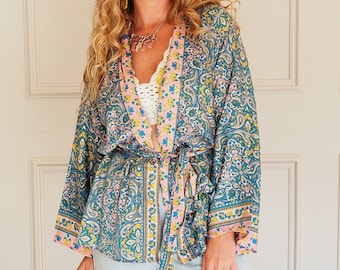 DISTY PRINT CROP - Bohemian Silk Crop Kimono - Lightweight Jacket - Summer Kaftan - Vintage Boho Top - Dressing Gown - House coat - Lounge