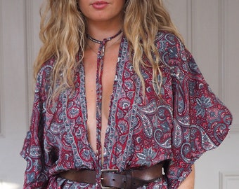 RED PAISLEY JUMPSUIT - Wide leg Trouser - Flare Romper - 70's boiler suit - Boho Christmas Outfit - 60's Psychedelic - Hippie shake - Silk