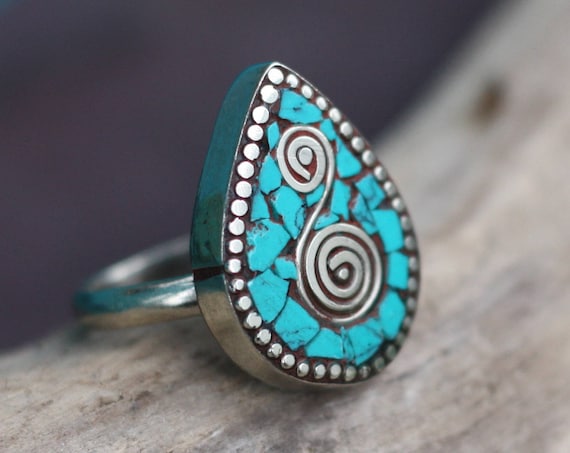 MOROCCAN TURQUOISE RING - Vintage Adjustable Ring - Handmade - Bespoke - Gemstone Ring - Mosaic - Gift - One size fits all - Silver plated