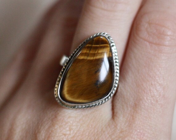 ADJUSTABLE TIGERSEYE RING - Sterling Silver Ring - Tigers Eye - Healing Crystal - Bohemian - Statement Ring - Bohemian - Gift - Gemstone