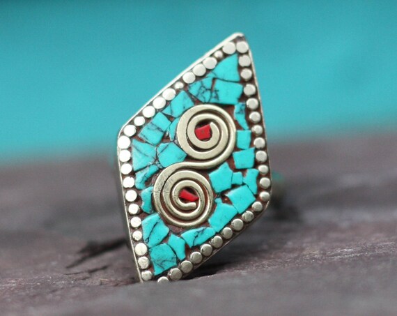 VINTAGE TURQUOISE RING - Diamond Ring - Handmade - Bespoke - Gemstone Ring - Mosaic - Gift - One size fits all - Turquoise - Moroccan