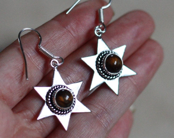 TIGERSEYE STAR EARRINGS - Silver Earrings - Crystal Earrings - Healing Crystal Jewellery - Tigers eye - Statement - Boho - Vintage - Crystal