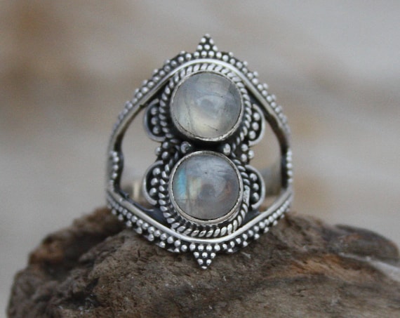 TRIBAL MOONSTONE RING - Sterling Silver - Gemstone Ring - Moon child - Glitter - Galaxy - Bohemian - Statement Ring - Rare Crystal ring