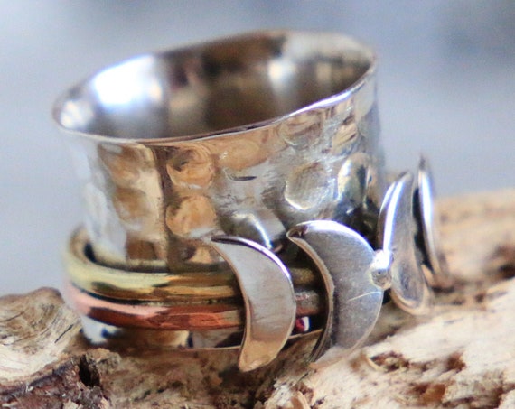 MOON SPINNER RING - 925 Sterling Silver - Meditation Ring - Mantra - Moon Ring - Spinning Ring - Fidget Spinner Ring - Anxiety Ring
