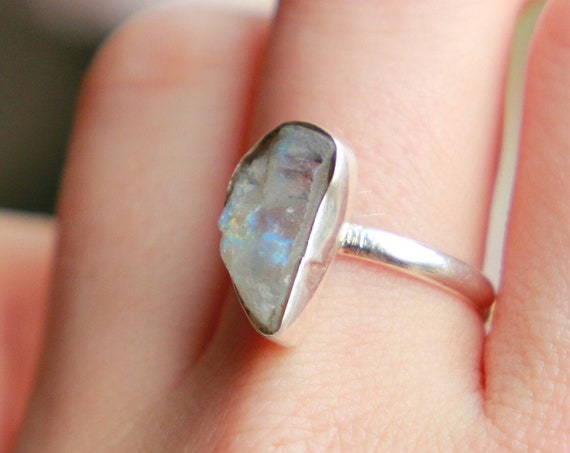RAW MOONSTONE RING - Sterling Silver - Galaxy Gemstone - Natural Raw Rare Crystal - Alternative engagement Ring - Bohemian - Mothers day