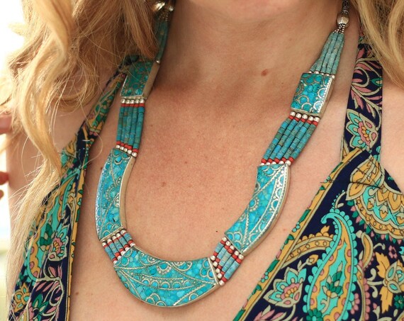 TIBETAN TURQUOISE NECKLACE - Statement Necklace - Coral - Nepalese - Buddhist - Tibetan Jewellery - Semi Precious - Gift - Bespoke - Choker