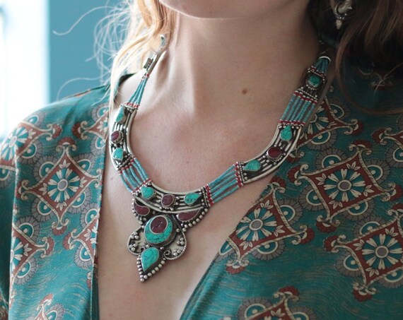 STATEMENT TIBETAN NECKLACE - Coral & Turquoise Necklace - Nepalese - Mosaic - Vintage - Gift Set - Birthstone - Healing Crystal necklace