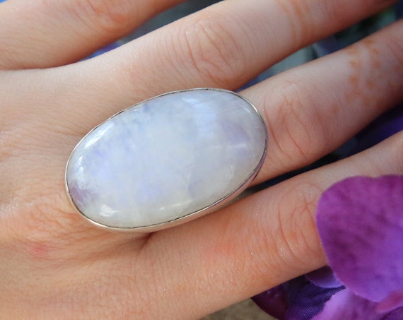 XL MOONSTONE RING - Statement Healing Crystal Ring - Sterling Silver Gemstone Ring - Rainbow - Glowing Crystal - Crystal Moon Jewellery
