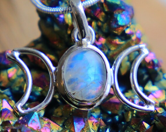 MOONSTONE MOON GODDESS - Handmade Sterling Silver Necklace - Triple Moon - Wicca Symbol - Magic Moon Jewelry - Glow Crystal - Witch - Star