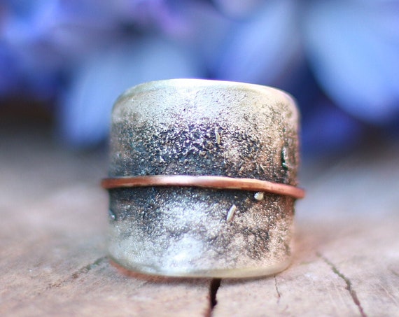 RUSTIC SILVER RING - Adjustable 925 Silver Ring - Oxidised Leaf Ring - Rustic Jewellery - Hammered Texture - Unisex Ring - Only one made